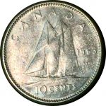 Канада 1963 г. • KM# 51 • 10 центов • Елизавета II • парусник • серебро • регулярный выпуск • AU+