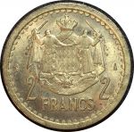 Монако 1945 г. • KM# 121a • 2 франка • Луи II • герб княжества • регулярный выпуск • MS BU Люкс