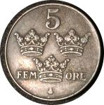 Швеция 1943 г. • KM# 812 • 5 эре • Королевская монограмма • регулярный выпуск • XF+