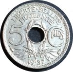 Франция 1937 г. • KM# 875 • 5 сантимов • регулярный выпуск • MS BU ( кат.- $5 )