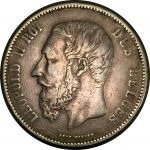 Бельгия 1868 г. • KM# 24 • 5 франков • Леопольд II • регулярный выпуск • XF ( кат. - $60 )