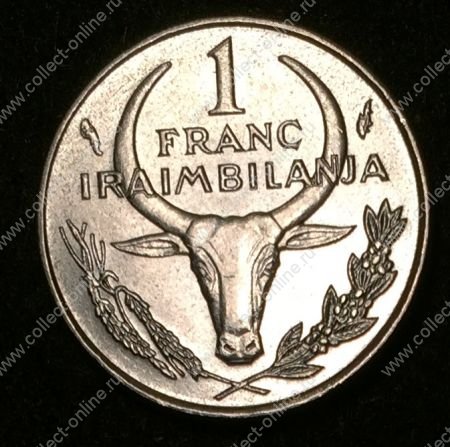 Мадагаскар 1988 г. • KM# 8 • 1 франк • голова быка • регулярный выпуск • MS BU