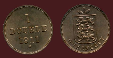 Гернси 1911 г. H KM# 10 • 1 дабл • герб острова • регулярный выпуск • MS BU Люкс! ( кат.- $12,00 )