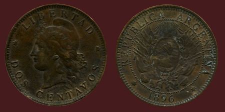 Аргентина 1896 г. • KM# 33 • 2 сентаво • герб Аргентины • регулярный выпуск • XF