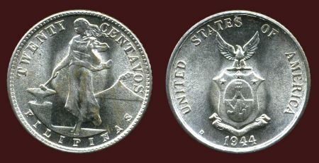 Филиппины 1944 г. D • KM# 182 • 20 сентаво • герб страны • регулярный выпуск • MS BU