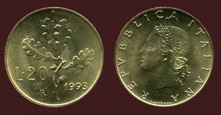 Италия 1995 г. R • KM# 97.2 • 20 лир • дубовые листья • регулярный выпуск • MS BU