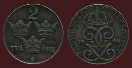Швеция 1942-1950 гг. • KM# 811 • 2 эре • Королевская монограмма • регулярный выпуск • +/- XF