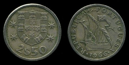 Португалия 1966 г. • KM# 591 • 5 эскудо • парусник • регулярный выпуск • XF+ ( кат. - $35+ )