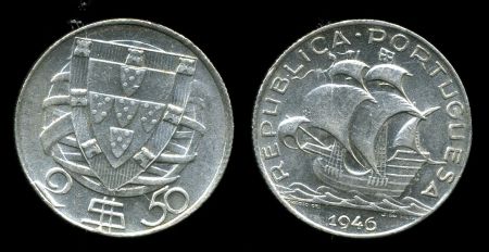 Португалия 1946 г. • KM# 580 • 2 ½ эскудо • каравелла Колумба • серебро • регулярный выпуск • BU ( кат. - $20 )