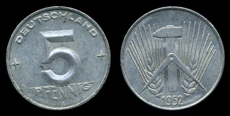 Германия • ГДР 1952 г. E (Мульденхуттен) • KM# 6 • 5 пфеннигов • пшеничный колос • регулярный выпуск • BU ( кат. - $8 )