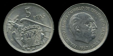Испания 1957(61) гг. • KM# 786 • 5 песет • Франко • регулярный выпуск • MS BU ( кат. - $40 )