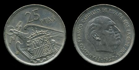 Испания 1957(70) г. • KM# 787 • 25 песет • Генерал Франко • регулярный выпуск • MS BU ( кат. - $8 )