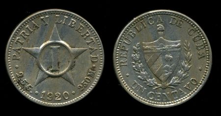 Куба 1920 г. • KM# 9.1 • 1 сентаво • герб страны • регулярный выпуск • AU+