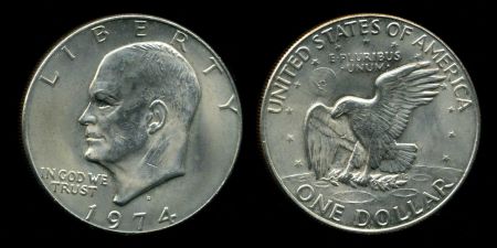 США 1974 г. D • KM# 203 • 1 доллар • президент Дуайт Эйзенхауэр • орел на луне • регулярный выпуск • BU