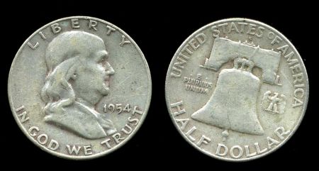 США 1954 г. S • KM# 199 • полдоллара • Бенджамин Франклин • серебро • регулярный выпуск • VF