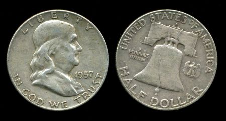 США 1957 г. D • KM# 199 • полдоллара • Бенджамин Франклин • серебро • регулярный выпуск • VF