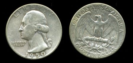 США 1950 г. D • KM# 164 • квотер (25 центов) • (серебро) • Джордж Вашингтон • регулярный выпуск • VF-XF