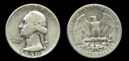 США 1950 г. S • KM# 164 • квотер (25 центов) • (серебро) • Джордж Вашингтон • регулярный выпуск • VF-XF