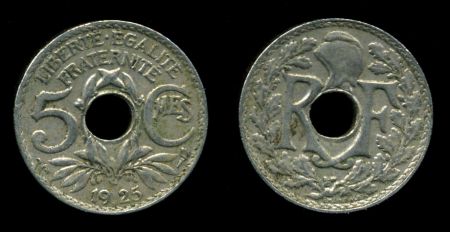 Франция 1921-1938 гг. • KM# 875a • 5 сантимов • регулярный выпуск • XF - AU