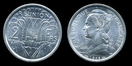 Реюньон 1948 г. • KM# 8 • 2 франка • сахарный тростник • регулярный выпуск(первый год) • MS BU ( кат. - $10 )