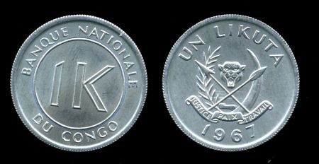 Демократическая Республика Конго • 1967 г. • KM# 8 • 1 ликута • государственный герб • MS BU