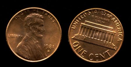 США 1981 г. D • KM# 201 • 1 цент • Авраам Линкольн • мемориал • регулярный выпуск • MS BU