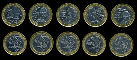 Центрально-Африканский Союз 2007 г. • 5 монет (Габон, Чад, Конго, Камерун и ЦАР) • папа Иоанн Павел II • регулярный выпуск • MS BU