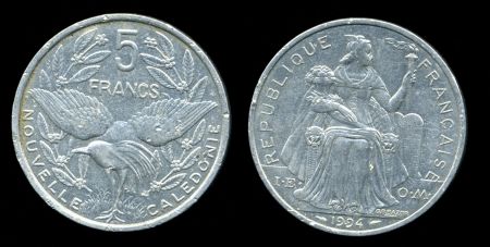 Новая Каледония 1983-1999 гг. KM# 16 • 5 франков • птица Кагу • регулярный выпуск • XF-AU