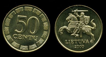 Литва 2000 г. • KM# 108 • 50 центов • Ливонский рыцарь • регулярный выпуск • MS BU