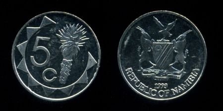 Намибия 1993 г. • KM# 1 • 5 центов • герб • алоэ • регулярный выпуск • BU