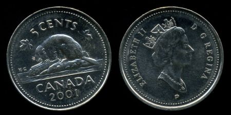 Канада 2001-2003 гг. P • KM# 182b • 5 центов • Елизавета II • бобр • MS BU