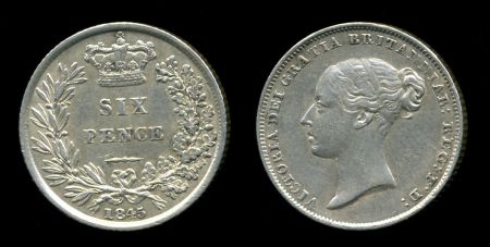 Великобритания 1845 г. • KM# 733.1(Sp# 3908) • 6 пенсов • Виктория • серебро • регулярный выпуск • AU