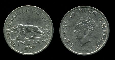 Британская Индия 1947 г. (Бомбей) • KM# 548 • ¼ рупии • король Георг VI • тигр • регулярный выпуск • BU