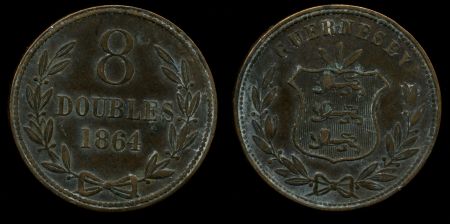 Гернси 1864 г. • KM# 7 • 8 дублей • герб острова • регулярный выпуск • XF+ ( кат.- $50+ )