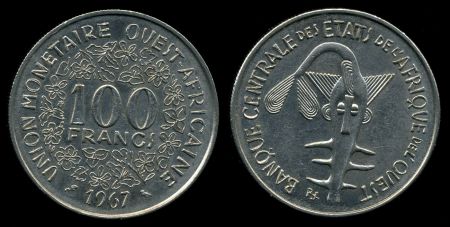 Западноафриканский Союз 1967-2000 гг. • KM# 4 • 100 франков • ритуальная маска • регулярный выпуск • AU