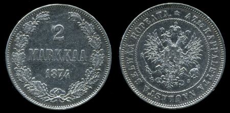 У# 4701 РУССКАЯ ФИНЛЯНДИЯ 1874г. / 2 МАРКИ XF СЕРЕБРО