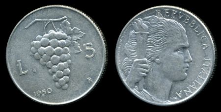 Италия 1950 г. R KM# 89 • 5 лир • гроздь винограда • регулярный выпуск • AU ( кат. - $30- )