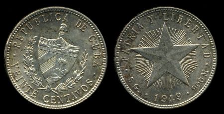 Куба 1949 г. KM# 13.2 • 20 сентаво • герб страны • регулярный выпуск • MS BU