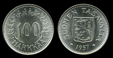 Финляндия 1957 г. S • KM# 41 • 100 марок • финский герб • регулярный выпуск • MS BU Люкс!