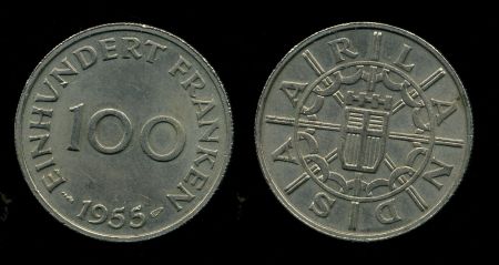 Саар 1955 г. • KM# 4 • 100 франков • герб Саара • регулярный выпуск • MS BU ( кат.- $25,00 )