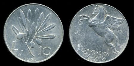 Италия 1950 г. R KM# 90 • 10 лир • оливковая ветвь • регулярный выпуск • MS BU ( кат. - $30+ )
