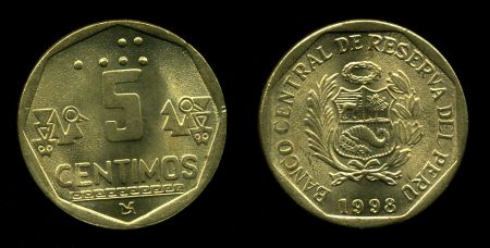 Перу 1998 г. • KM# 304.2 • 5 сентимо • герб Перу • регулярный выпуск • MS BU