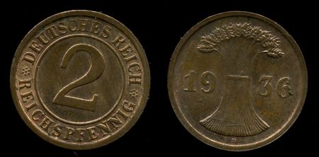 Германия 1936 г. D (Мюнхен) • KM# 38 • 2 рейхспфеннига • сноп пшеницы • регулярный выпуск • MS BU