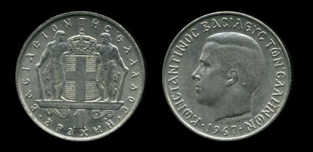 Греция 1967 г. • KM# 89 • 1 драхма • Константин II • регулярный выпуск • MS BU ( кат.- $5 ) 