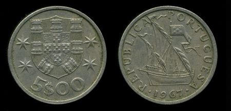 Португалия 1967 г. • KM# 591 • 5 эскудо • парусник • регулярный выпуск • XF+ ( кат. - $7 )