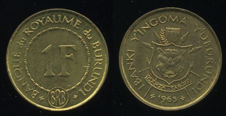 Бурунди 1965 г. • KM# 6 • 1 франк • государственный герб • регулярный выпуск • UNC