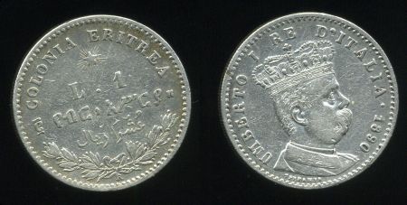Эритрея 1890 г. • KM# 2 • 1 лира • Умберто I • серебро • регулярный выпуск • XF+