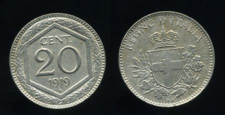 Италия 1919 г. R KM# 58 • 20 чентезимо • герб Савойи • регулярный выпуск • XF+ ( кат. - $10+ )