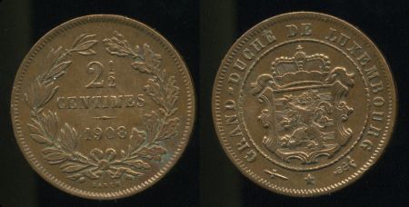 Люксембург 1908 г. • KM# 21 • 2½ сантима • герб герцогства • регулярный выпуск • AU ( кат. - $20 )