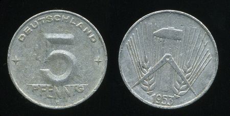 Германия • ГДР 1952 г. E (Мульденхуттен) • KM# 6 • 5 пфеннигов • пшеничный колос • регулярный выпуск • XF